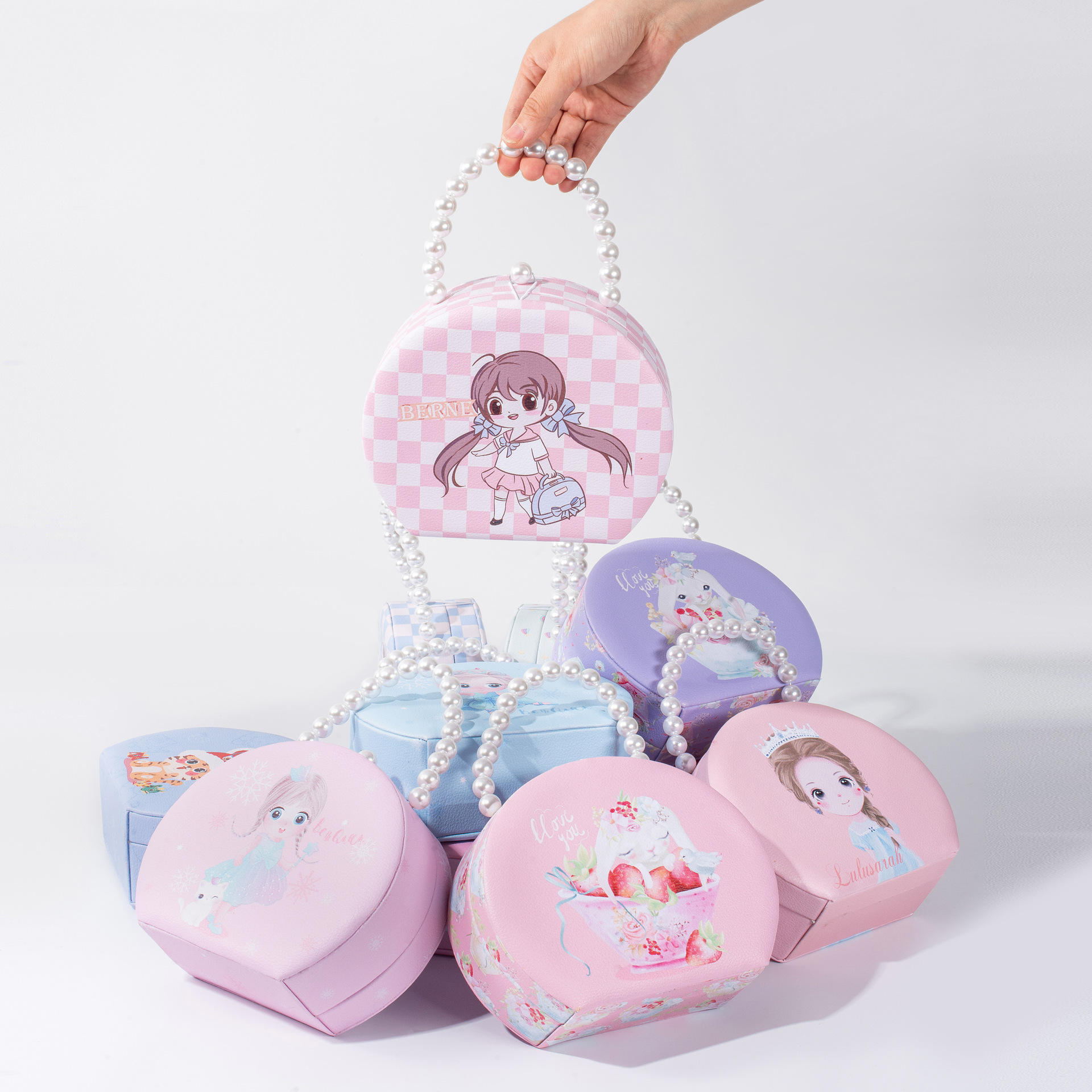 高档精致首饰收纳盒卡通图案珍珠提手化妆包时尚便携饰品包装盒