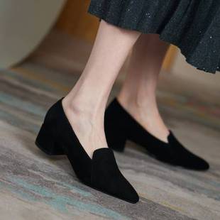 Black Chunky Heel Loafers for Women, Suede Spring and Autumn Mid-Heel Matte Leather Genuine Leather Low-Heeled Slip-On Flat Work Shoes