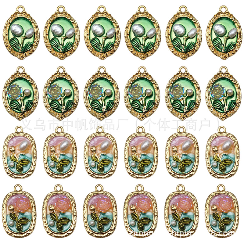 프랑스어 복고풍 빛 럭셔리 에나멜 DIY 귀걸이 목걸이 펜던트 유화 꽃 모네 정원 합금 드립 오일 액세서리