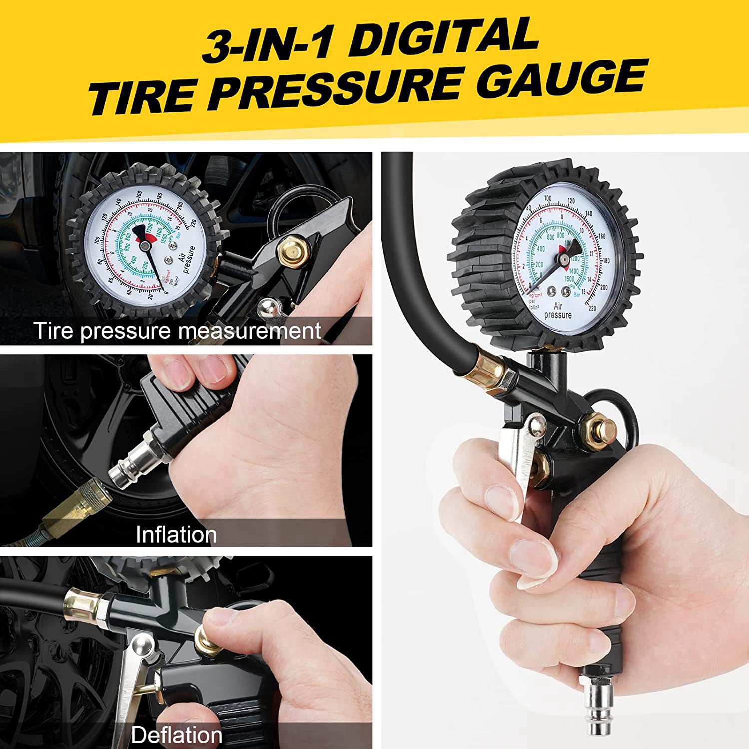 Black High-Precision Tire Pressure Gun with Digital Display, Oil-Immersed Tire Pressure Gauge, Car and Motorcycle Tire Pressure Measurement Kit