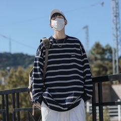 香港風日系縞長袖tシャツ潮牌痞帅爆街男春秋シャツinsトレンド高街ガーディアン