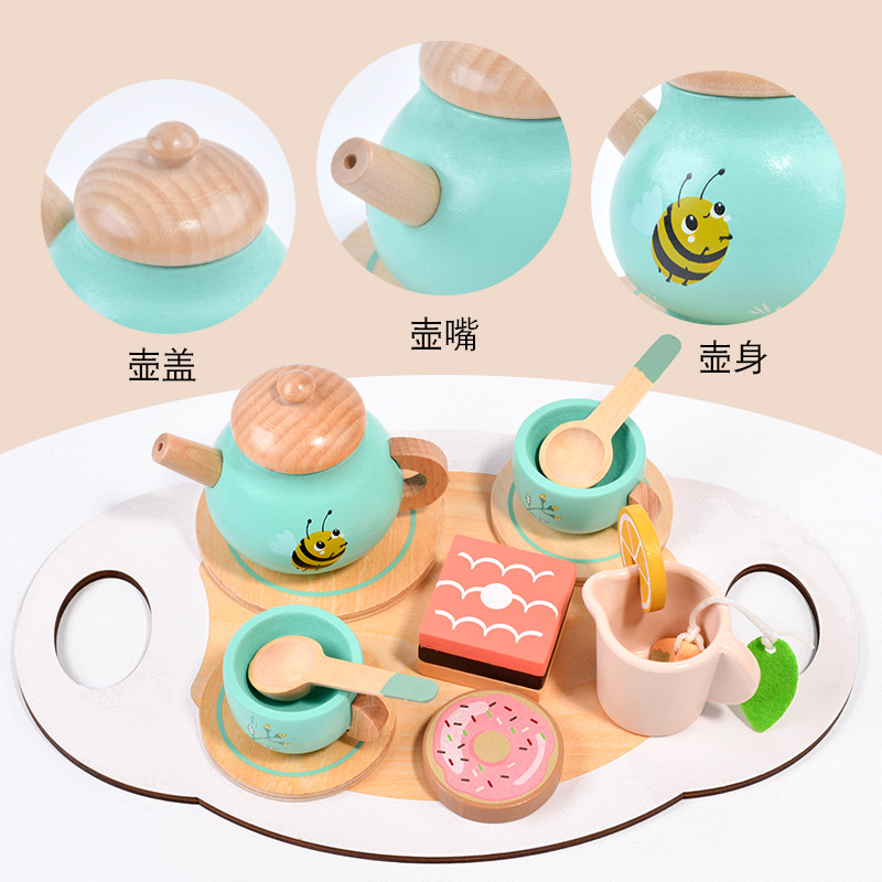 Té de la tarde para niños, juegos de mesa, postres de simulación, venta de pasteles, tetera, taza, juego de té, combinación de juguetes de madera