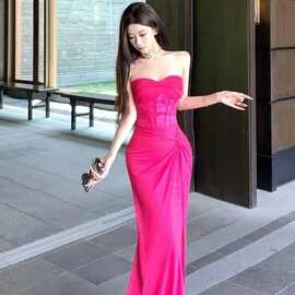 CD717 名媛高级感性感蕾丝拼接裹胸礼服长裙御姐修身褶皱高腰裙子