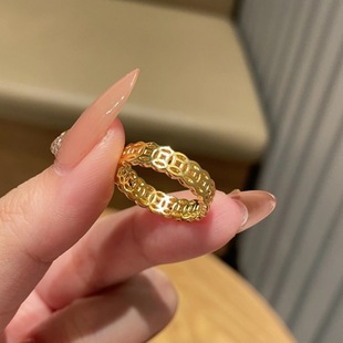 18K Gold Copper Coin Ring Au750 Solid Non-Mold Simple Niche Wealth-Attracting Ring Wholesale
