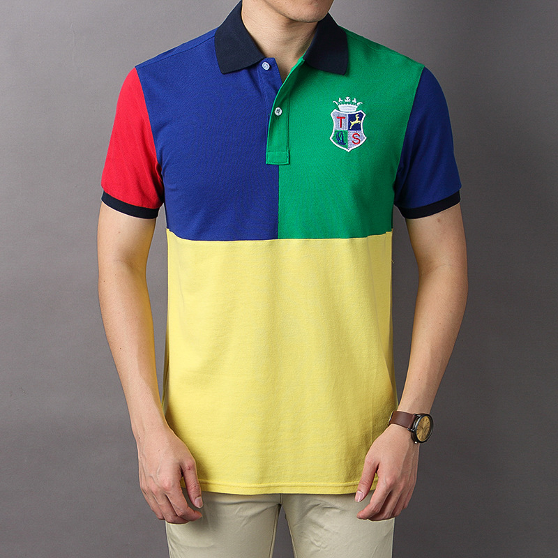 Algodón suelto tamaño europeo bordado marca de moda contraste color polo camiseta de manga corta de los hombres tendencia personalidad contraste color comercio exterior nuevo