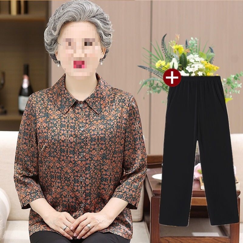 Summer Clothing for Elderly Women, Grandma's Spring Outfit, Mid-Sleeve Loose-Fitting Collared Shirt, Mom's Loose-Fitting Clothing for Seniors, Cardigan Summer Clothing for Elderly Women, Grandma's Spring Outfit, Mid-Sleeve Loose-Fitting Collared Shirt, Mom's Loose-Fitting Clothing for Seniors, Cardigan