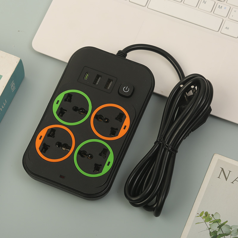 2USB+1PD智能多功能插座中性袋子包装炫彩圈圈插排欧标英标美标