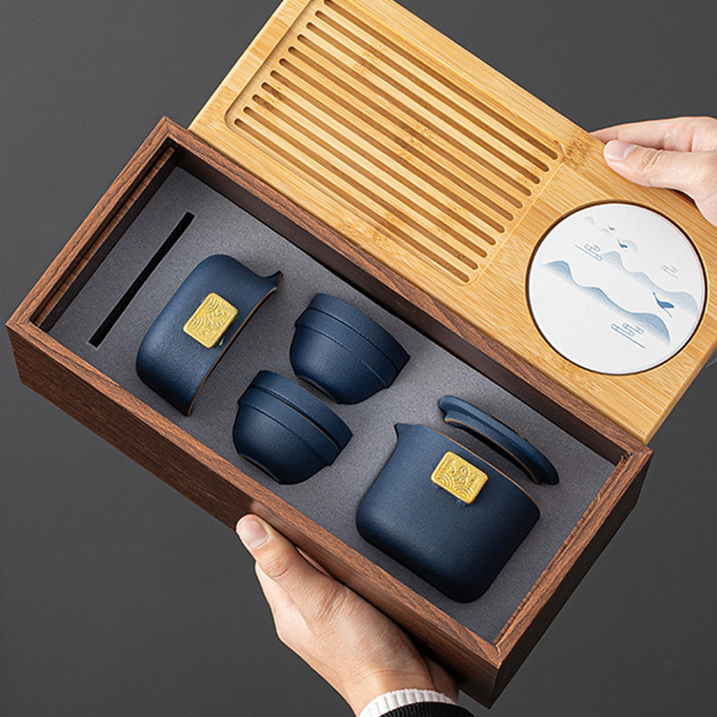 新款功夫茶具套裝 陶瓷旅行茶具全套便攜式干泡台茶盤一體高檔盒