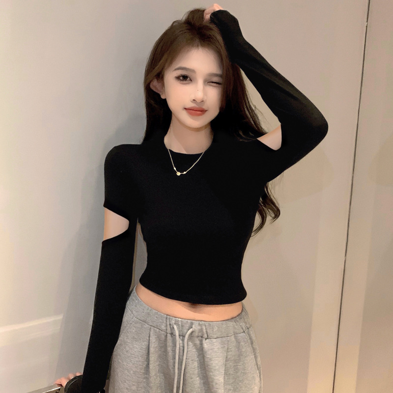 螺纹黑色长袖破洞紧身上衣半高领打底衫女秋冬加绒保暖短款t恤潮|undefined