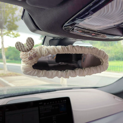Rearview Mirror Decorative Cover for: Sürətlər qutusu və əl tormozu başlıqları - puff-rearview-mirror-cover-off-white-bow-rabbit-ears