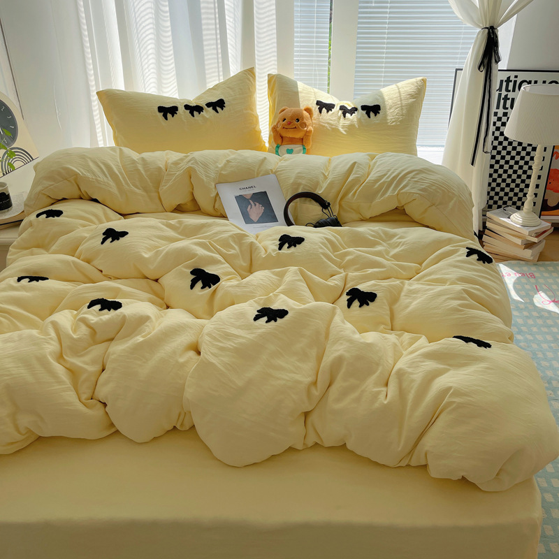 2024 nuevo estilo suave lazo toalla bordado nube lavada algodón funda edredón de cuatro piezas sábana sábana sábana simple y elegante