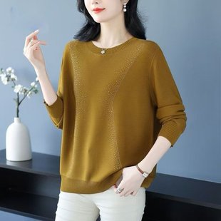Foreign-style Mom Autumn and Winter New Thickened Wool Sweater Middle-aged and Elderly Cashmere Base Shirt Loose plus size Diamond-encrusted Sweater for Women