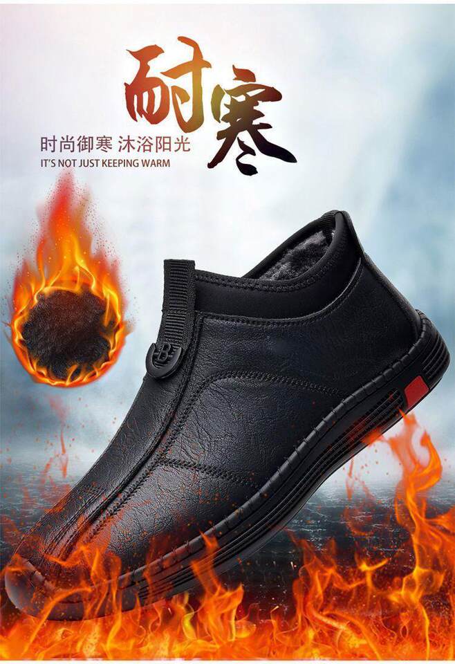 Bốt nam cổ trung lót lông giữ ấm chống trượt, giày da lười đế bằng — giày nâu, giày đen, Lông cừu đen, Màu nâu cộng với nhung chi tiết 1