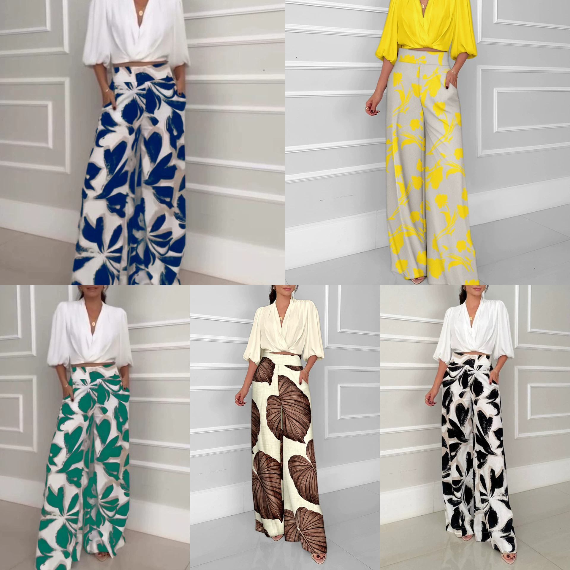 Качественный костюм для женщин в стиле светской львицы весна 2025: модный повседневный комплект с широкими брюками и рукавами три четверти.