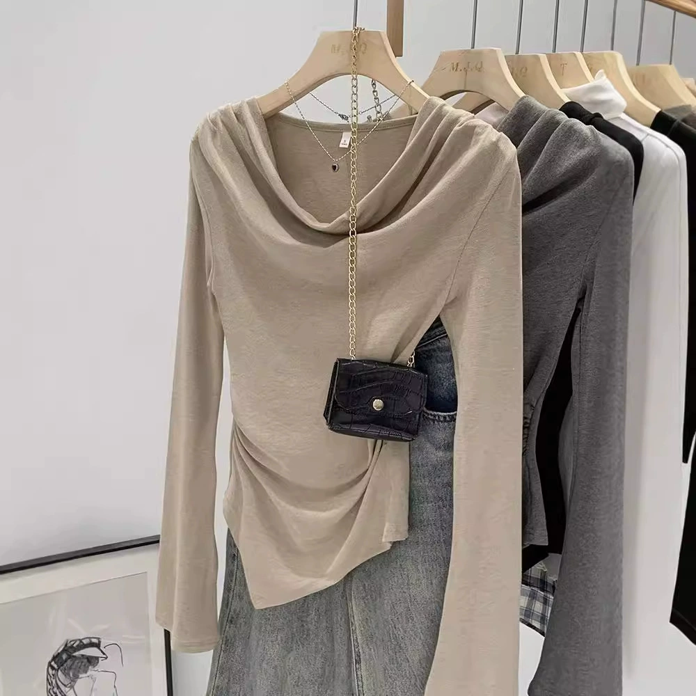 2024 Осенняя нерегулярная складка футболка женский воротник нишот