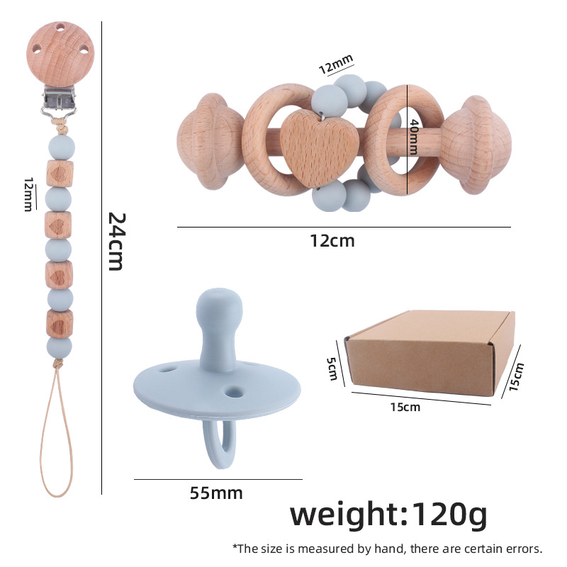 Bebé de dibujos animados de haya corazón sonajero mordedor calmante bebé silicona pezón mordedura chupete cadena traje de tres piezas