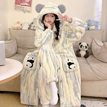 睡衣女秋冬季加绒加厚学生睡袍外穿珊瑚绒可爱卡通套装家居服现货
