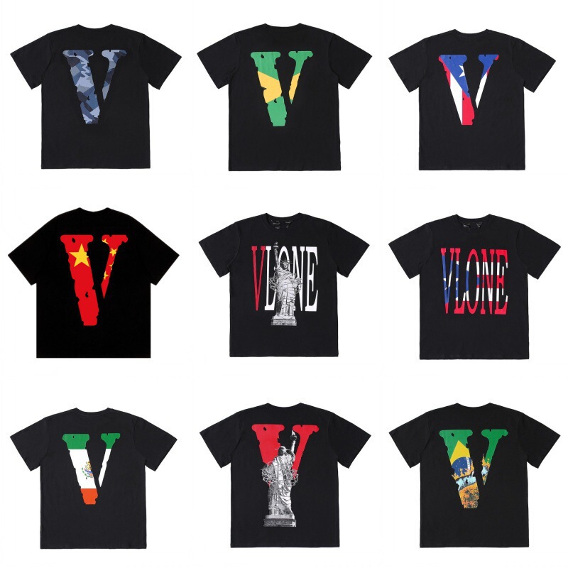 Correct Version of the Summer Trendy Brand Vlone T-Shirt with the American Flag, Statue of Liberty, and Large V Letter, Short-Sleeved, Loose-Fitting, Casual Couple T-Shirt for Men and Women