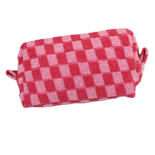 New ins style checkerboard knitted cosmetic bag contrasting wool plaid large capacity storage organizer bag pencil bag