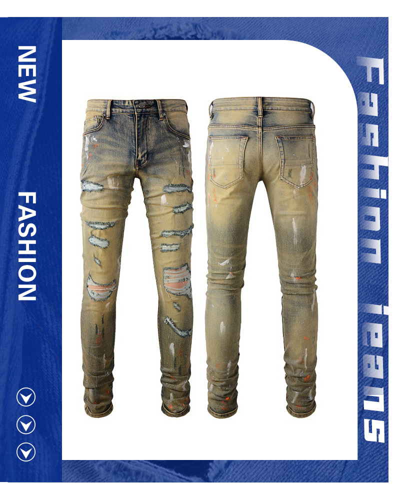 Men's Clothing New Men's High Street Jeans Men's Ink Splash Graffiti Trendy Brand Slim Fit High end Ripped Skinny Jeans_voghion.com