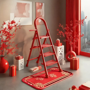 Housewarming Red Ladder Household Folding Telescopic Indoor and Outdoor Stairs Multi-Functional Herringbone Ladder Housewarming New Home Moving Gift Iron