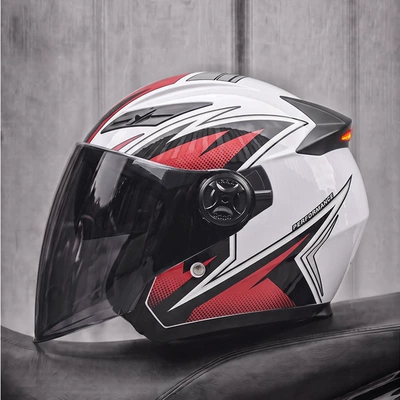Motosiklet kaskı (dəbilqə) — LED tail light, half helmet - white-flame-black-tea-mirror-free-transparent-mirror-msuitable-for-head-circumference-57-58-cm
