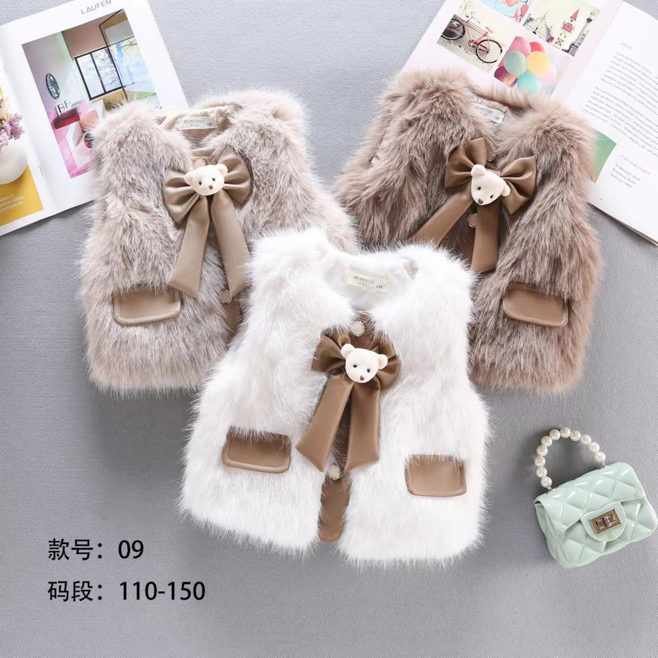 2024 otoño y invierno nueva niñas chaleco de piel arco diseño de oso elegante cuero de aire exterior