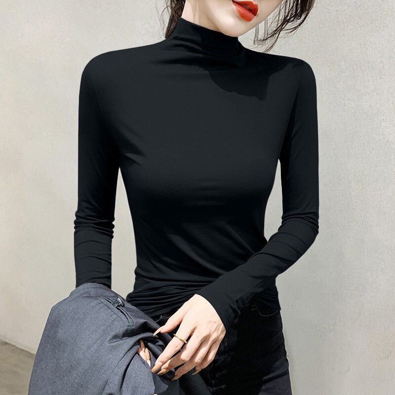 Modal Black Half-Turtleneck Base Shirt for Women, Spring Inner Wear, Slim-Fit Long-Sleeve T-Shirt, Mid-Neck Thin Top