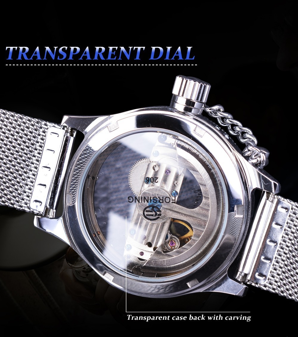 Forsining Men's Transparent One Machine Mechanical Watch Automatic Mesh Belt Hollow Stainless Steel Waterproof Watch_voghion.com