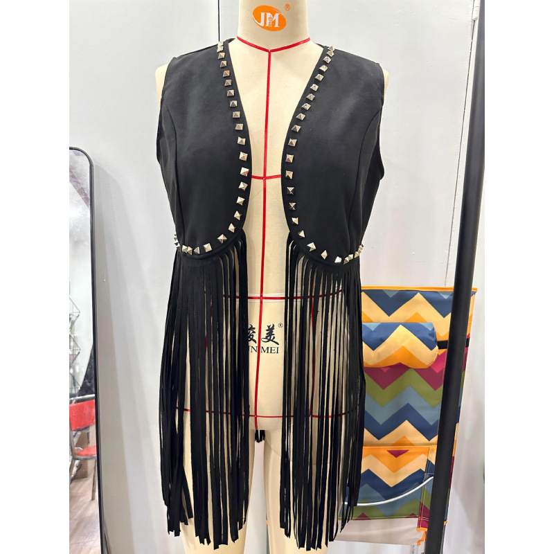 2025 Amazon European and American Cross-Border Women's Sleeveless Fringe Jacket Comfortable Studded Cardigan Jacket Coat 2025 Amazon European and American Cross-Border Women's Sleeveless Fringe Jacket Comfortable Studded Cardigan Jacket Coat
