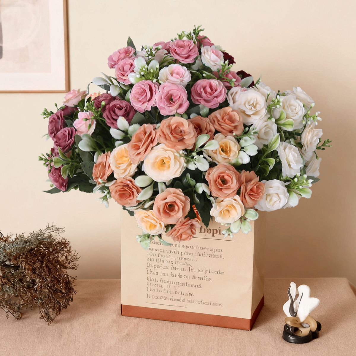 15 flores europeas de flores de rosa pequeña flor de seda para la decoración de la mesa de la sala de estar arco de boda