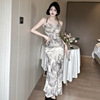 Retro ink painting tie dye backless tie up dress