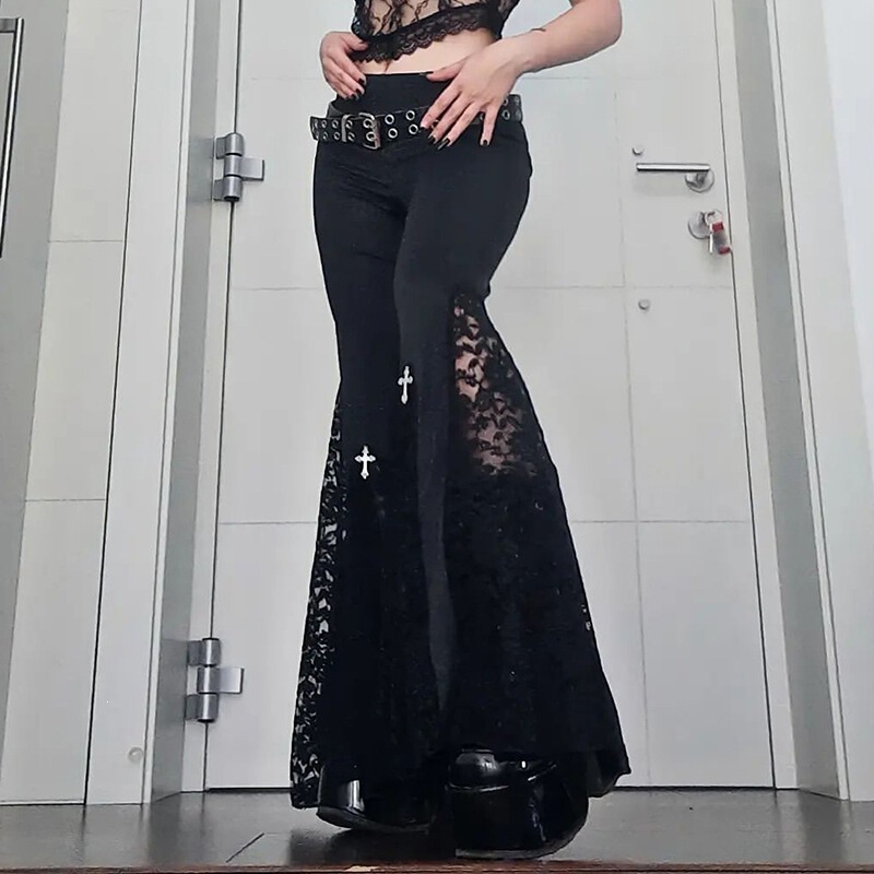 CF22199 High-Waisted Lace Hollow Black Slightly Flared Trousers Dark Punk Style New Autumn Versatile Straight Pants CF22199 High-Waisted Lace Hollow Black Slightly Flared Trousers Dark Punk Style New Autumn Versatile Straight Pants