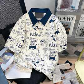原宿风潮牌猫咪涂鸦短袖衬衫女夏季慵懒卡通印花拼接休闲情侣衬衣