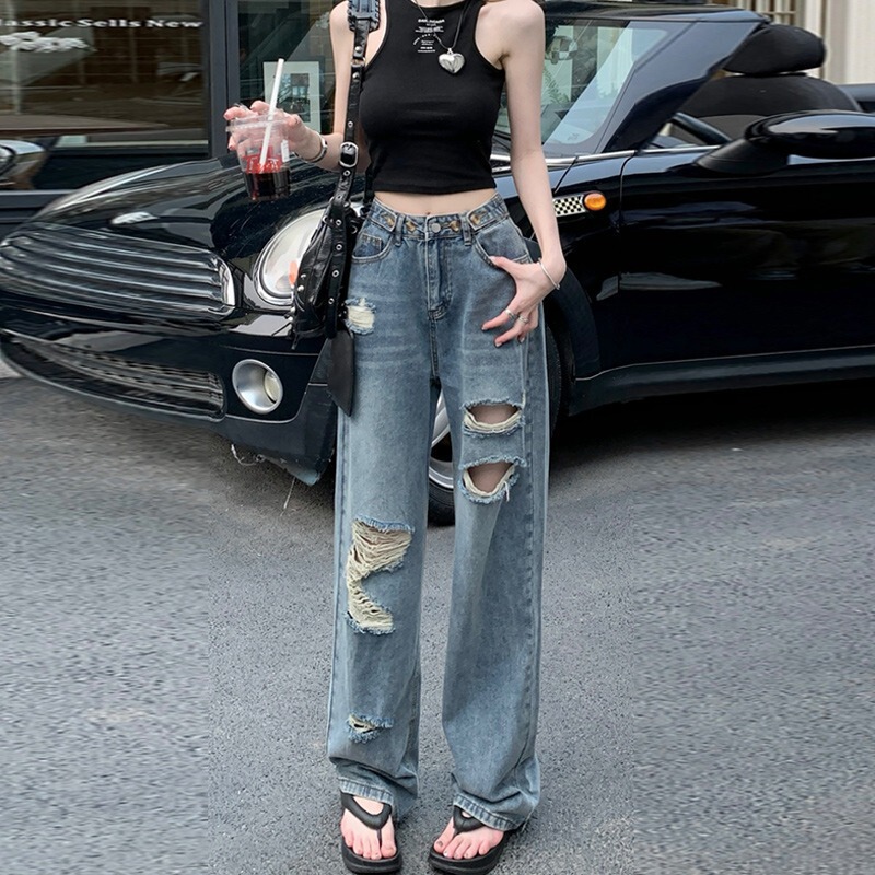 Ripped Straight-Leg Jeans for Women, Spring/Summer 2026 New Style, Fashionable Slimming Design, Loose High-Waisted Ripped Pants