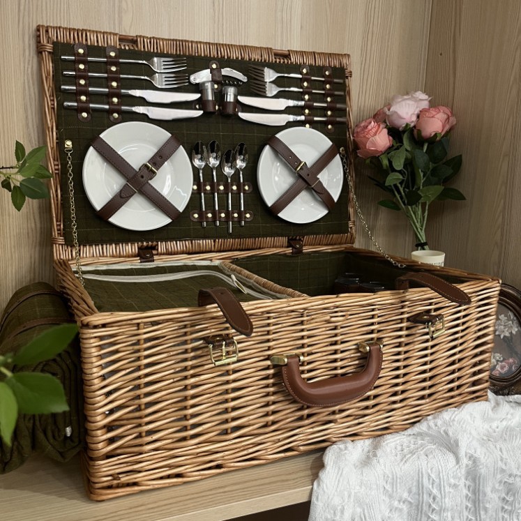 Comercio exterior personalizado canasta de picnic de caña aislamiento frutas cubiertos cesta de almacenamiento alfombra cesta de compras canasta de picnic de sauce de mano