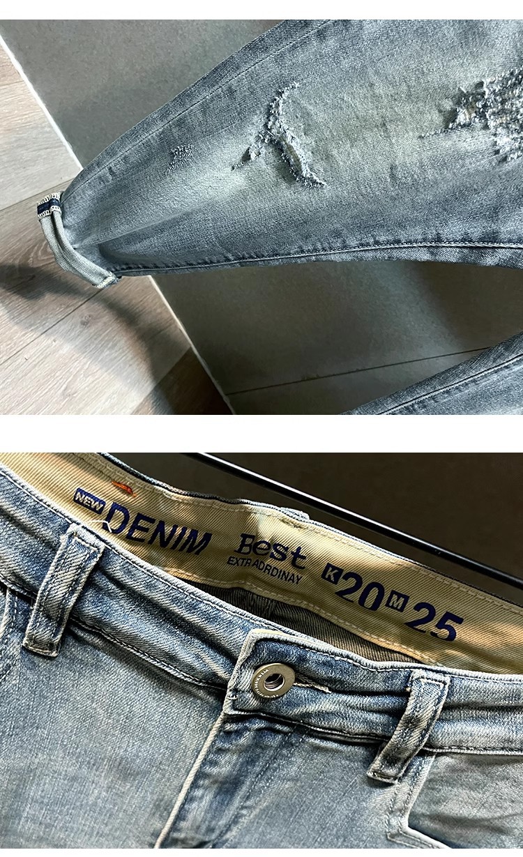Men's Trendy Ripped Cropped Jeans Light Colored Summer Thin Distressed Tapered Harem Pants New_mkmklike.com
