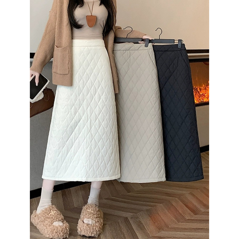 Gonna midi GraceChic in cotone trapuntato spesso con spacco posteriore per donna, gonna aderente a trapezio a vita alta, calda e snellente per autunno inverno_voghion.com