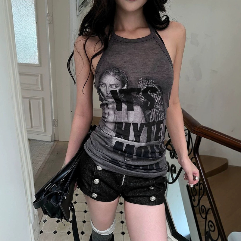 European and American semi-sheer sexy style halter top with letter and portrait print, women's dark style waist-cinching camisole, trendy
