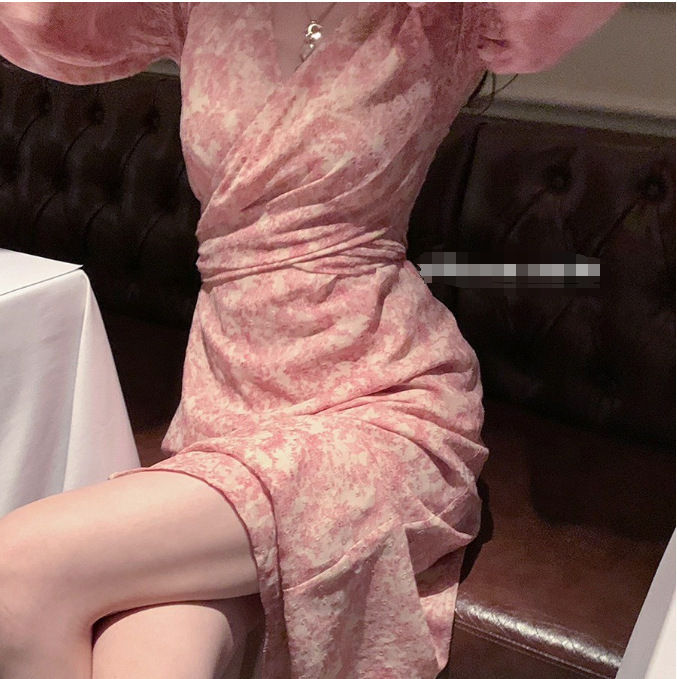 FL231062 Pink V-neck Cross Floral Tea Break dress Women's Chiffon Lantern Sleeve Long Skirt