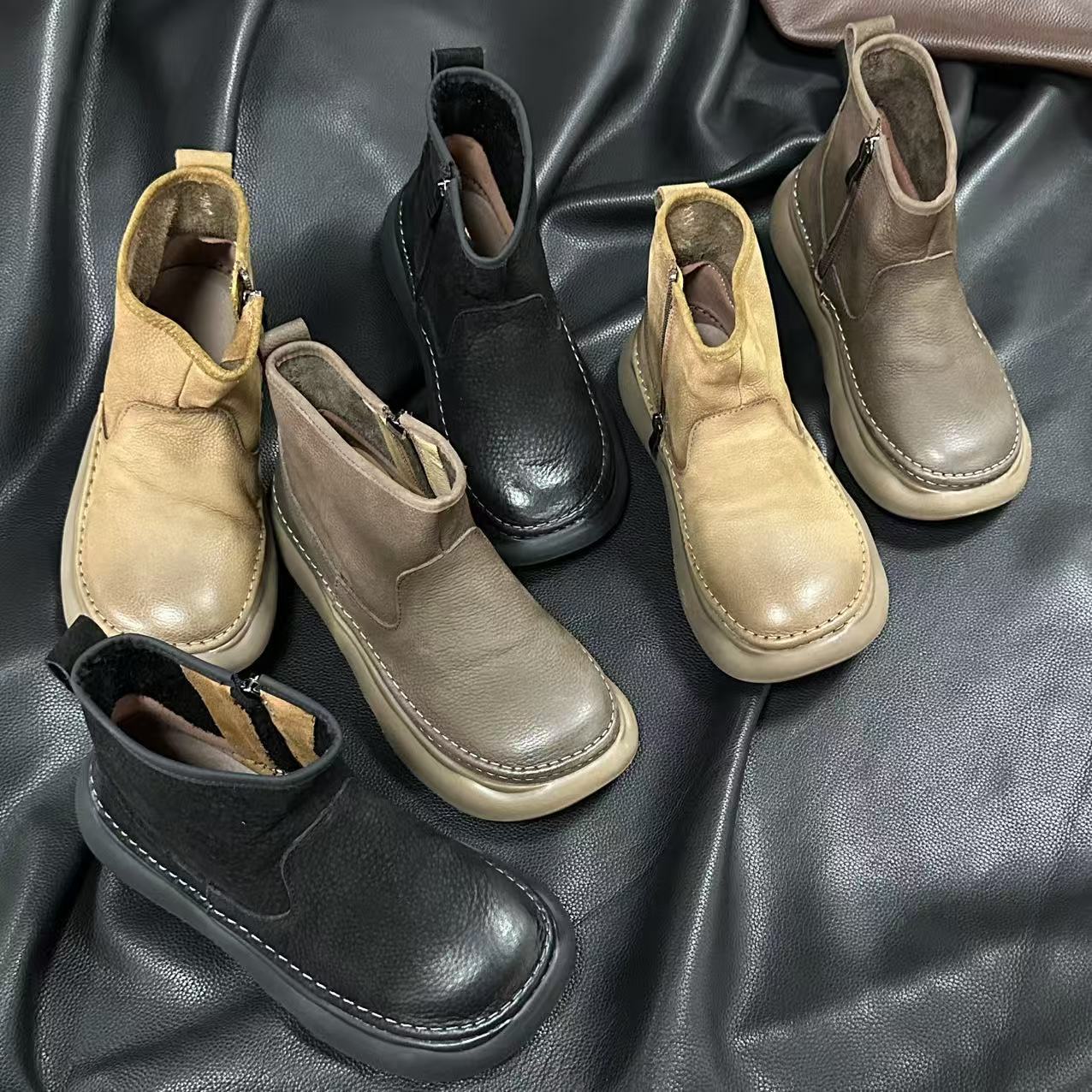 Cotton and Linen Style Short Boots, Genuine Leather Casual Side Zipper Boots, Women's First Layer Cowhide Thick-Soled Martin Boots