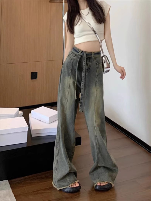 美式复古牛仔裤女装夏季做旧小个子高腰毛边宽松拖地长裤阔腿裤子|undefined