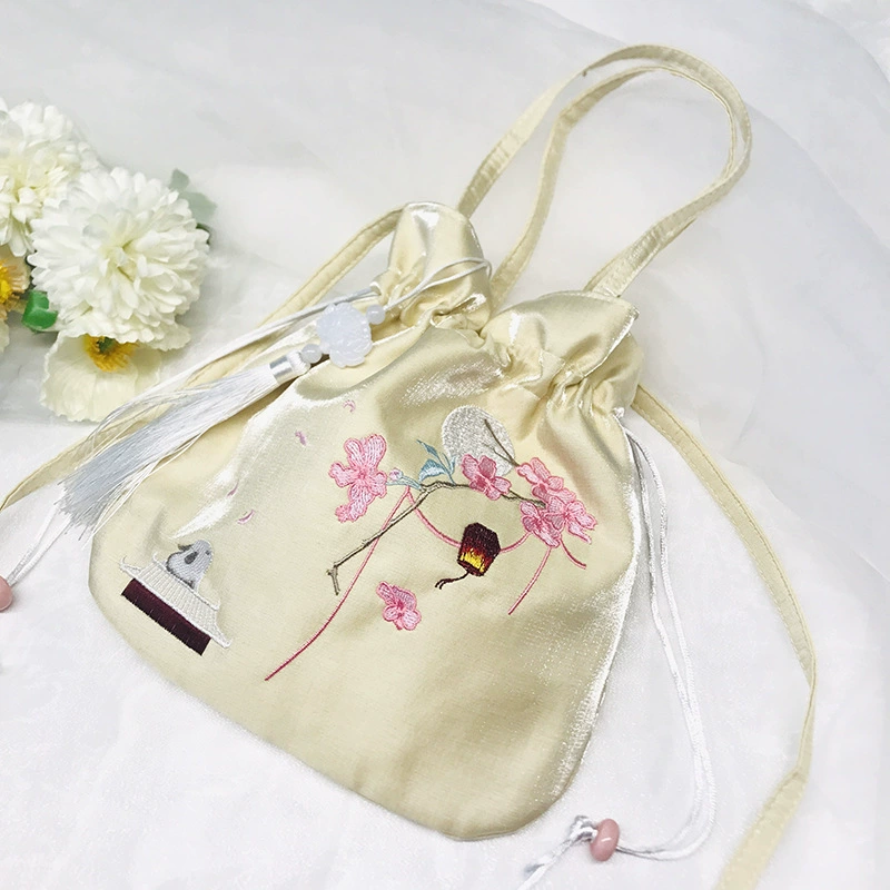 Handheld Hanfu Drawstring Bag, Embroidered Tassels, 22×22 cm, Handmade Accessory