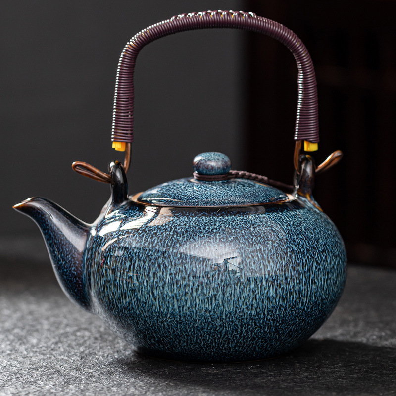 Tianmu Glaze Kiln Change Building Teapot Single Handle Pot Large Capacity Single Pot Ceramic Kung Fu Tea Set Tea Maker Household