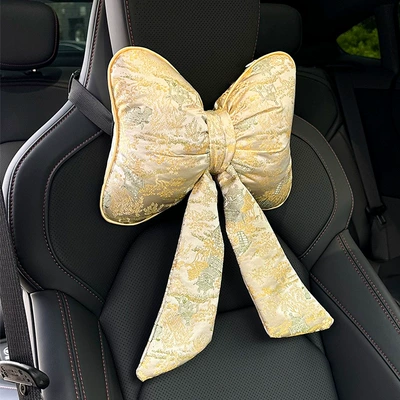 Car headrest and lumbar support, new Chinese-style creative car decoration pillow with bow and ribbon, comfortable waist-protecting cushion for car use (Waist support) - imitation-song-brocade-bow-headband-with-gold-pillow