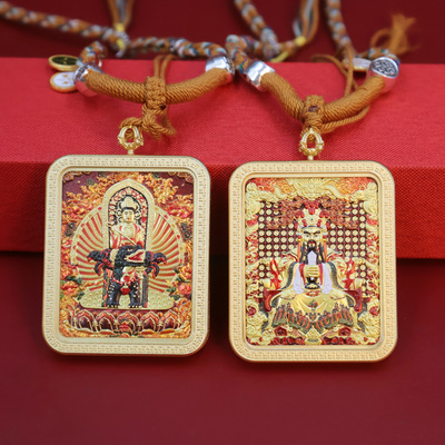 新非遺金屬唐卡項鏈珍珠鏈男女藏式五爺文殊壓鑄彩繪唐卡吊墜項鏈
