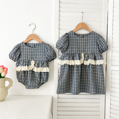 夏季新款女童寶寶蕾絲花邊格包屁衣洋氣女童連衣裙姐妹裝韓版童裝