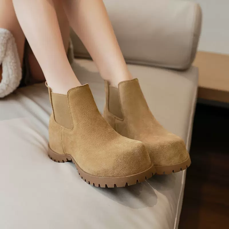 复古内增高切尔西靴女春季新款磨砂皮烟筒粗跟短靴子女厚底马丁靴