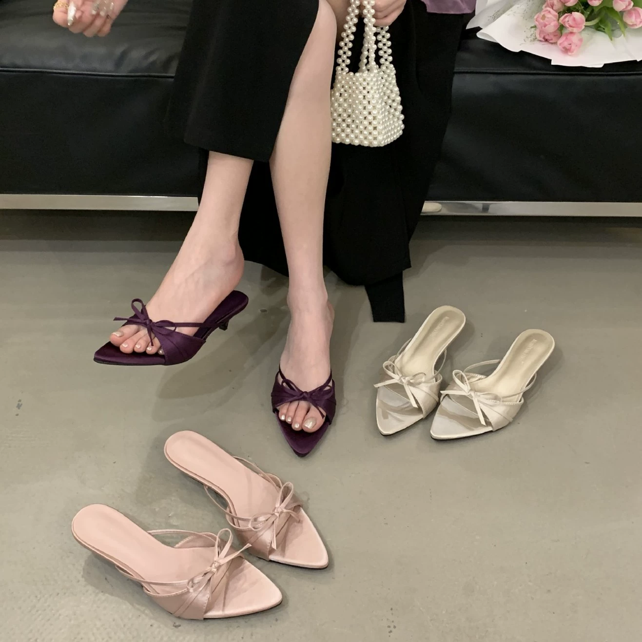 2025 новый летний стиль, сетка со стразами, острый носок, рыбий рот, высокие каблуки, шпильки, сексуальные однотонные сандалии и тапочки, полутапочки