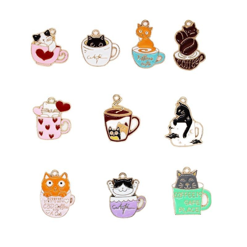 漫画のコップのイヤリングDIYの愛の猫のコーヒーカップの猫の耳飾りのキーホルダーの部品DIYのアクセサリ|undefined